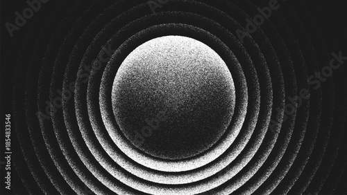 Geometric stippling artwork with recessed circular banner surrounded by concentric wave layers and dramatic light falloff and shadow create depth focus, radial geometry, optical illusion and symmetry