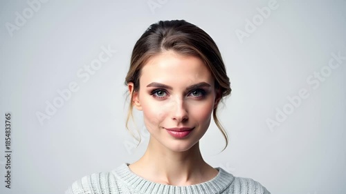 白背景のスタジオで、白人女性を超高解像度で撮影したポートレート映像です。
ライトグレーのニットと落ち着いた表情が、知的で洗練された印象を与えます。
