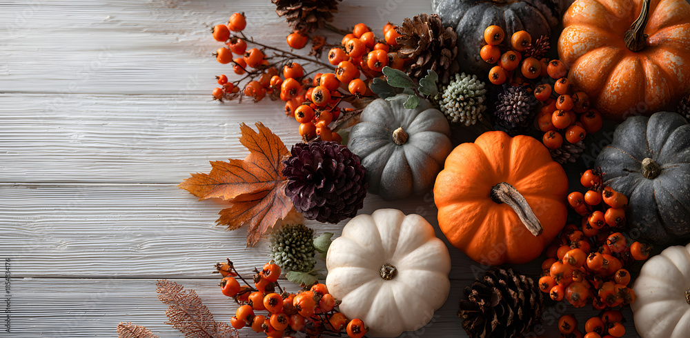 Fototapeta premium Festive autumn decor from pumpkins, berries and leaves on a white wooden background. Concept of Thanksgiving day or Halloween. Flat lay autumn composition with copy space.