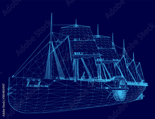 A detailed 3D wireframe model of a classic passenger sailing ship floats on a solid blue background.