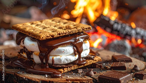 Gooey Smores Sandwich With Melted Marshmallows And Chocolate Dripping Over Graham Crackers Next To Campfire Flames And Burning Wood In A Close Up Outdoor Shot