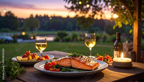Gourmet Grilled Salmon Dinner Set for Two on a Wooden Table Outdoors at Dusk With Wine Glasses and a Candle Lit Background Features a Watery Landscape and Distant Trees.