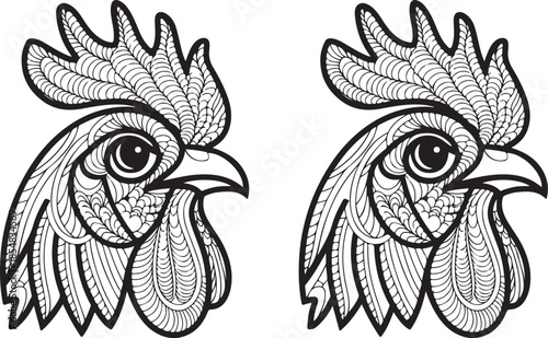 A highly stylized, minimal line drawing of a chicken or rooster bust, presented in two identical profiles side-by-side