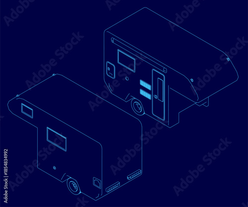 Blueprint of a camper trailer set in white contour on a clean blue background. The minimalist design highlights the vehicle's layout and structure for travel concepts. Isometric view