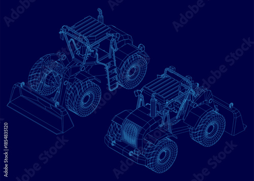A detailed 3D wireframe model of bulldozer and bucket set is isolated on a solid blue background. This blueprint view clearly reveals the vehicle's mechanical structure and components. Isometric view