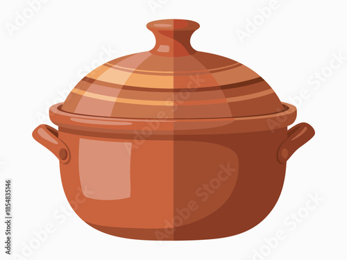 Vector illustration of a clay cooking pot with lid and handles on a white background