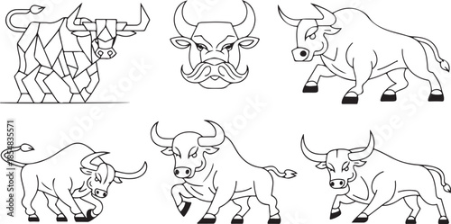 A minimal, yet powerful, array of six hand-drawn style graphics featuring Spanish bulls.