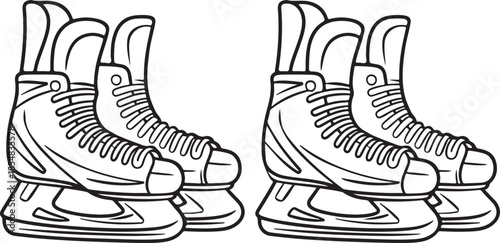 This image displays four pairs of ice skates, specifically hockey skates, rendered as clean, black and white line art illustrations