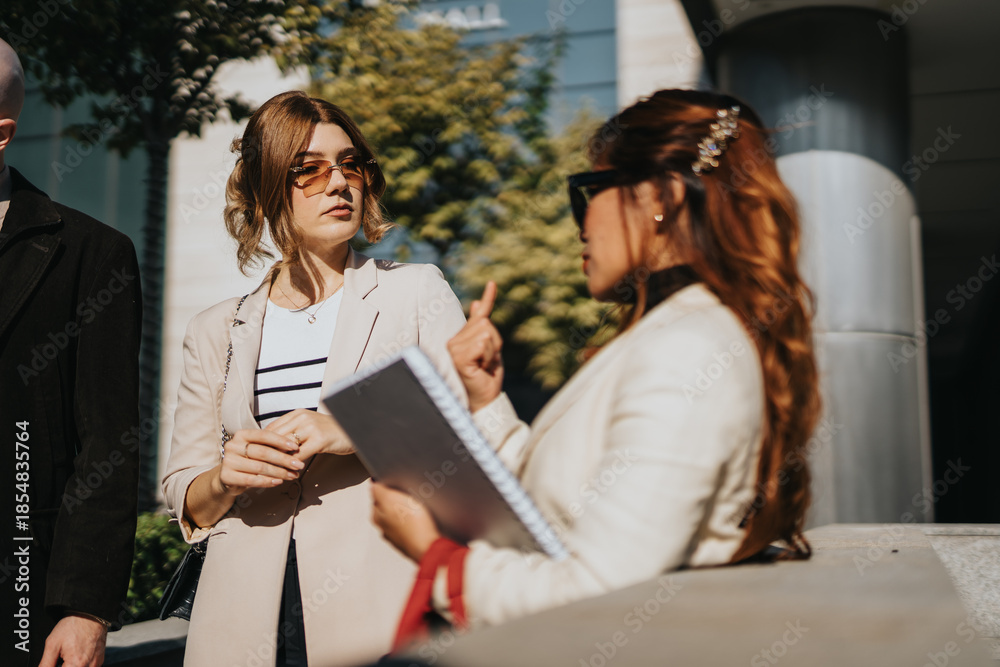 Fototapeta premium Two professional women in beige blazers converse outdoors as one holds a notebook. A sunny urban setting frames their discussion.
