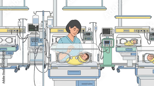 Nurse Caring for Newborns in Hospital Neonatal Intensive Care Unit