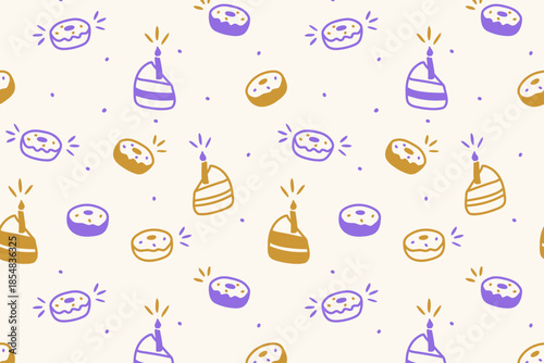 Festive doodle of donuts and cake slices with candles, in purple and gold, with dessert silhouettes on soft cream background.