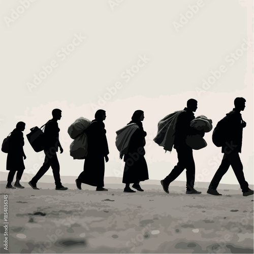 PrintSilhouettes of migrants walking in a line on a journey