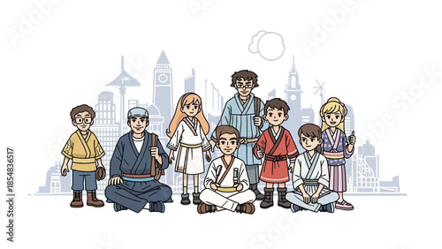 Group of Diverse Martial Artists in Traditional Attire with Cityscape