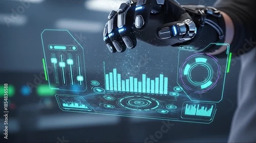 Futuristic robotic hand interacting with holographic interface displaying data and graphs
