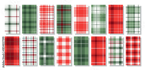 Plaid seamless pattern. Gingham red green background. Check fabric prints. Tartan shirt cloth. Christmas flannel textures. Vichy textile. Set of lumberjack tablecloth backdrops. Vector illustration