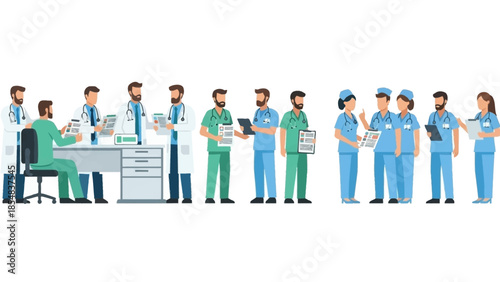 Medical professionals collaborating in a hospital setting with diverse roles