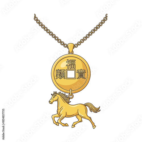Golden necklace featuring a round Chinese coin pendant and a running horse charm, isolated on white.