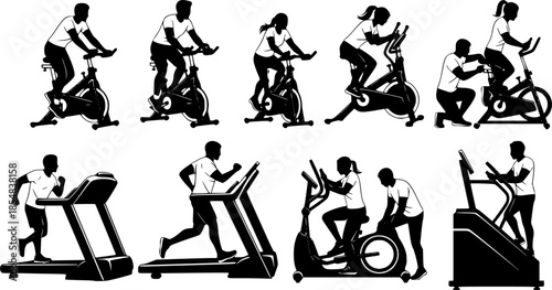 Indoor Cycling Silhouettes – Stationary Bike Workout, Spin Class Poses, Gym Cardio Training, Fitness Exercise Vector Illustration Set
