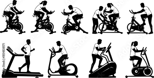 Indoor Cycling Silhouettes – Stationary Bike Workout, Spin Class Poses, Gym Cardio Training, Fitness Exercise Vector Illustration Set
