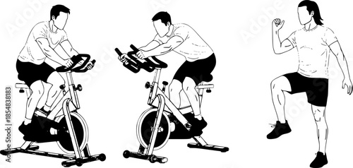 Indoor Cycling Silhouettes – Stationary Bike Workout, Spin Class Poses, Gym Cardio Training, Fitness Exercise Vector Illustration Set
