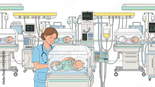 Nurse Caring for Newborns in Hospital Neonatal Intensive Care Unit