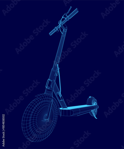 A sleek electric scooter wireframe blueprint is displayed on a solid blue background. The minimalist design highlights the handlebar and two wheels with clean white lines.