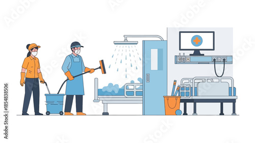 Hospital Cleaning Staff Sanitizing Room with Modern Equipment