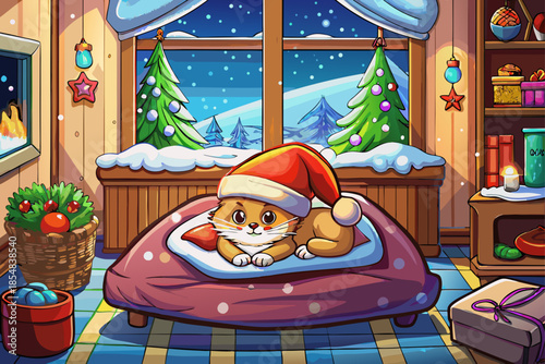 vector of Cat in santa claus hat resting on a warm soft bed, cozy home atmosphere, christmas theme, soft morning light in the room and snowy weather.