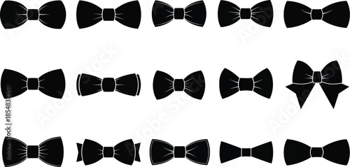 Collection of various black silhouette bow tie icons displaying different shapes and styles for formal attire or graphic design projects