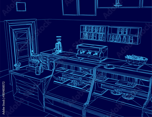 A 3D contour model of a modern kitchen bar with bottles and a bowl on the counter. Blue background highlights the clean cupboards and door design.