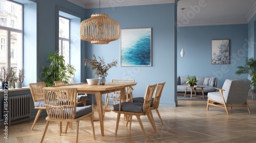 Blue dining room with woven chairs, wood table, artwork, leading to living space