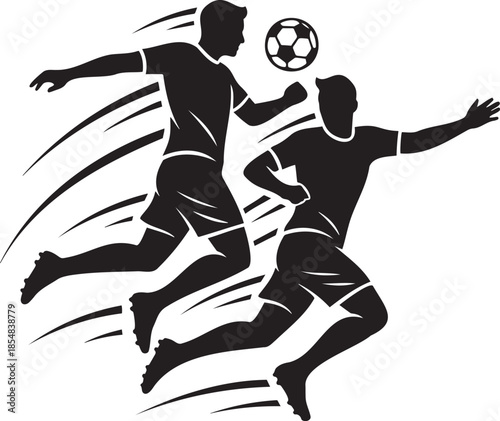 Two soccer players in black and white jumping for header competition dynamic motion sports action illustration vector artwork