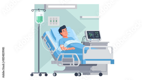 Illustration of a Patient Resting in a Hospital Bed with Medical Equipment