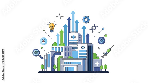 Healthcare technology and innovation concept with hospital and digital icons