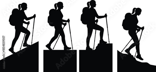 Silhouettes of hiker with backpack and poles, black figures, hiking motion sequence, terrain change, outdoor activity, ascending, descending, white background