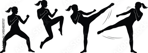 Silhouettes of martial artist kicking, black figure, combat stance, ponytail fighter, high kick, side kick, motion sequence, training pose, white background