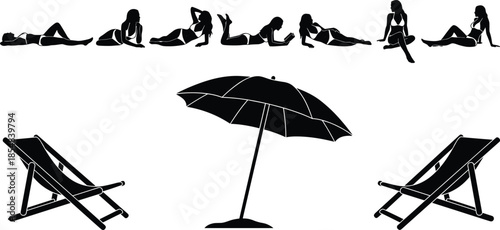 Vector illustration set of women relaxing on the beach with sunbathing poses, umbrella, lounge chairs, summer vacation elements, perfect for travel and lifestyle designs