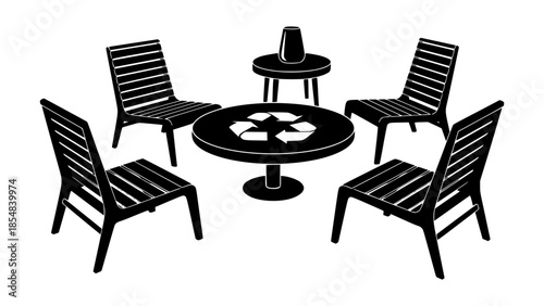 Vector illustration of a patio set with furniture arranged around a round table in an outdoor seating area viewed from above