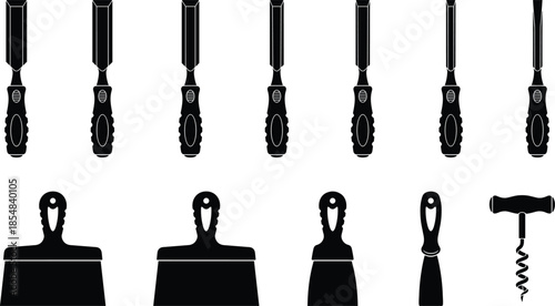 Hand tool silhouettes set featuring chisels scrapers corkscrew isolated on white background woodworking painting repair vector illustration collection icons design