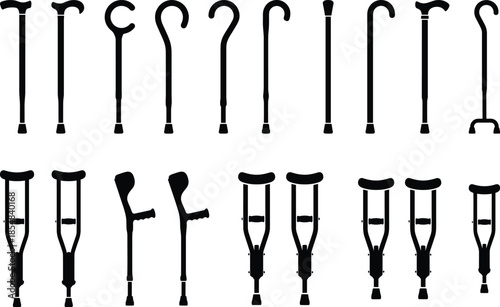 Mobility aid silhouettes collection featuring walking canes crutches supports isolated on white background healthcare medical assistance vector illustration set