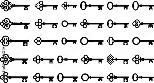 Vintage key silhouettes collection antique skeleton keys set minimalist black vector icons isolated on white background for security branding design