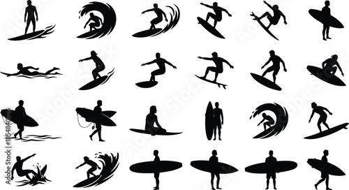 Surfing silhouettes vector set featuring surfers riding waves paddling walking boards action poses isolated white background minimalist sport ocean illustration