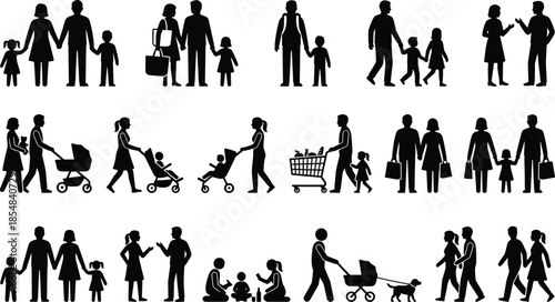Family lifestyle silhouettes collection parents children daily activities black vector illustration isolated set for community parenting shopping care design
