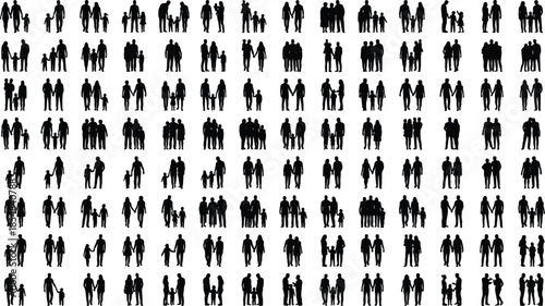 Family silhouettes vector collection showing parents children couples groups walking standing isolated black figures white background illustration social people set