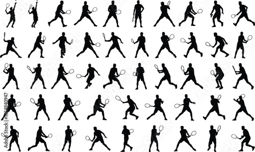 Tennis player silhouettes vector set featuring racket swings serves volleys action poses isolated black figures sport illustration collection design bundle