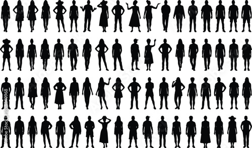 People silhouettes vector collection showing diverse men women standing poses isolated black figures white background illustration set social crowd design