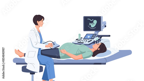 Pregnant woman undergoing ultrasound examination with doctor in clinic