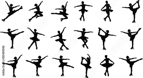 Figure skating silhouette vector set showing ice skater jumps spins poses isolated black dancer collection illustration design winter sport action