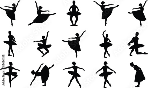 Ballet dancer silhouette vector set featuring graceful poses jumps spins isolated black figures collection illustration design art classical performance motion