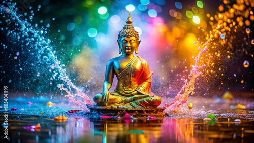 Happy Songkran Festival: Colorful Buddha and Water Splash Celebration